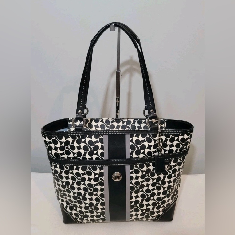 Coach Chelsea Heritage Signature Stripe Tote Bag Black White Coated Canvas